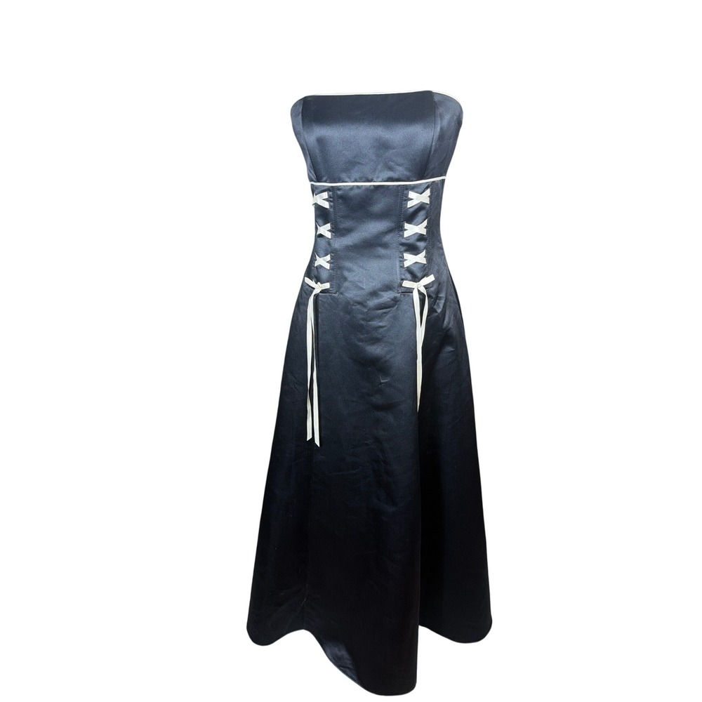 Jessica McClintock Gunne Sax Black Satin Lace Up Strapless Gown Dress Size 7/8‎
